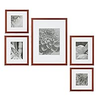 Gallery Perfect 5 Piece Walnut Wood Photo Frame Gallery Wall Kit with Decorative Art Prints & Hanging Template