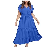 Plus Size Maxi Dress for Women Summer Casual V Neck Short Sleeve High Waist Pocket Dress Flowy Tiered Ruffle Long Dresses