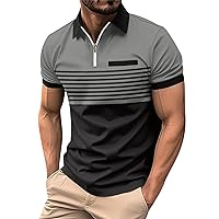 Short Sleeve Polo Shirts for Men Business Contrast Striped Printed Shirts Fashion Comfortable Golf Shirts with Zipper