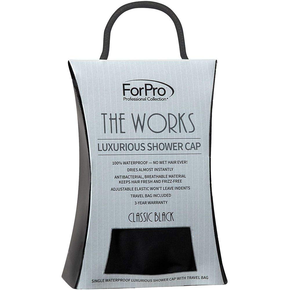 ForPro The Works Luxurious Shower Cap with Travel Bag, 100% Waterproof Shower Cap, Reusable, Classic Black, One Size