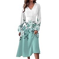Womens Spring Casual Fashion Dress 2024 V Neck Long Sleeve Floral Print Long Dress Gradient Midi Dress Waist Long Swing Dress