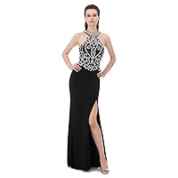 Halter Formal Evening Party Dresses for Juniors Rhinestone Beaded Backless Maxi Prom Dress Black,US4
