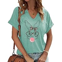 Easter V Neck Shirts for Women Happy Easter Bunny with Glasses Blouse Casual Graphic Spring Colorful Tops Tee