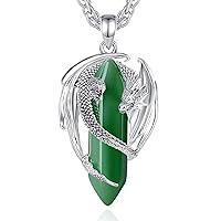 CELESTIA Silver Plated Dragon Pendant Crystal Necklace with Semi-precious Stones Rose Quartz Turquoise Malachite Healing Jewellery Gothic Cool Gifts for Men Women