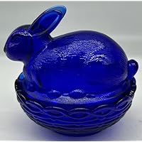 Glass Easter Bunny Rabbit on Covered Dish Mosser Glass (Cobalt Blue)