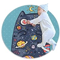 Baby Rug Planet Moon Space Cat Kids Round Play Mat Infant Crawling Mat Floor Playmats Washable Game Blanket Tummy Time Baby Play Mat 27.6x27.6 inches