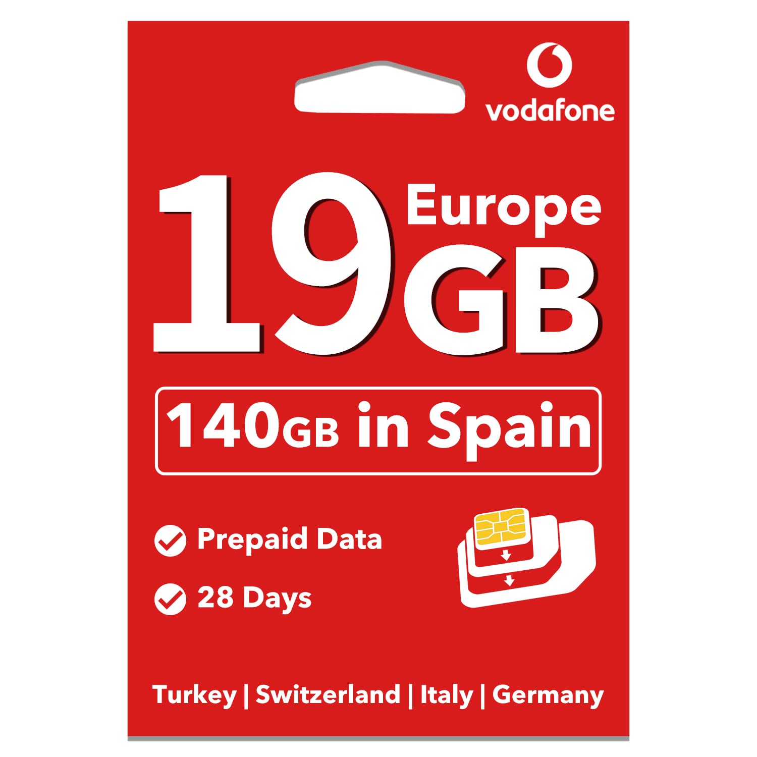 giffgiss Vodafone Europe Prepaid SIM Card 19GB Data in 34 Countries (Spain 140 GB+Unlimited Calls) Supported Mobile Hotspot Travel Use in UK Switzerland Turkey Italy for 28 Days Cell Phone sim