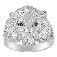 Rylos Mens Rings 14K White Gold Lion Head Ring Genuine Diamond in Mouth & Color Stone Birthstones in Eyes Fun Designer Rings For Men Men's Rings Gold Rings Sizes 6,7,8,9,10,11,12,13 Mens Jewelry