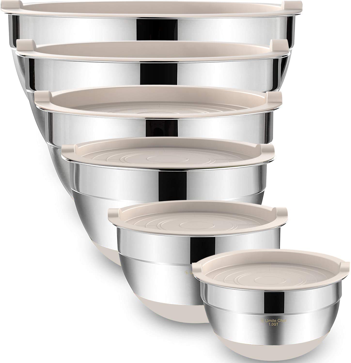 Mixing Bowls with Airtight Lids，6 piece Stainless Steel Metal Nesting Storage Bowls by Umite Chef, Non-Slip Bottoms Size 7, 3.5, 2.5, 2.0,1.5, 1QT,...