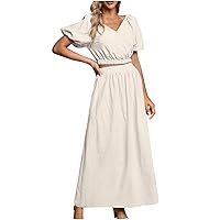 YZHM Summer Maxi Dresses for Women Two Pieces Long Sundress Puff Sleeve Beach Vcation Dress A Line Flowy Dress Resort Wear