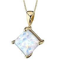 PEORA 14K Yellow Gold Created White Opal Pendant for Women, Classic Solitaire, Princess Cut, 8mm, 1 Carat total