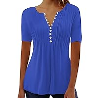 Women Pleated Textured Short Sleeve Henley Tunic Tops Summer Fashion Button V-Neck Casual Solid Dressy Tee Blouses