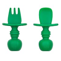 Bumkins Baby Utensils Set, Chewtensils Silicone Spoons for Dipping, Self-Feeding, Baby Led Weaning, Trainer Learning, First Stage Eating, Soft Practice Fork and Spoon, Babies 6 Months, Jade Green