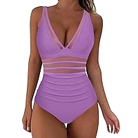 Women Tummy Control One Piece Swimsuit Sexy Deep V Neck Mesh Bathing Suit Fahion Ruched Slimming Monokini Swimwear