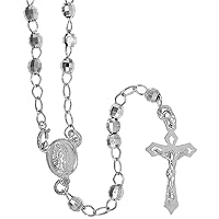 Sterling Silver 4 mm Diamond Cut Rosary Necklace for Women and Men Guadalupe Medal Center Nickel Free