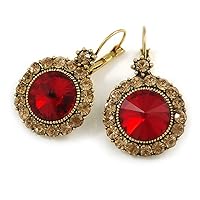 Vintage Inspired Round Cut Topaz/Red Glass Stone Drop Earrings With Leverback Closure In Antique Gold Metal - 40mm L