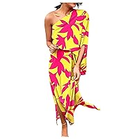 Women's Sexy One Shoulder Slit Hem Floral Short Sleeve Loose Casual Boho Dress 2024 Trendy Beach Sundress