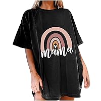 Womens Oversized T-Shirts Mama Graphic Tee Tops Summer Drop Shoulder Crew Neck Rainbow Shirts Vintage Casual Loose Tunics