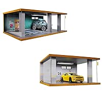 1/24 Scale and 1/24 Scale Hot Wheels Display Case Car Garage Moldel with LED Light and Acrylic Cover Wooden Diecast Car Show Case 3 Parking Spaces Green