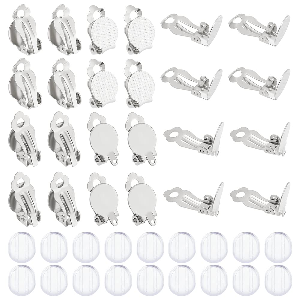 UNICRAFTALE 60pcs Clip-on Earring Findings DIY Earring Clip 304 Stainless Steel Clip-on Earring Converter Flat Round Tray Non-Pierced Earrings with Silicone Earring Pads for DIY Earring Making