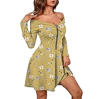 Sexy Dresses for Women Going Out Off The Shoulder Pretty Pleated with Long Sleeve Zip Front Flowy Knee Dress