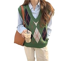 Vintage Plaid Sweater Vests Women Autumn V-Neck Panelled Sleeveless Jumpers Knitwear Female Knitting Pullover