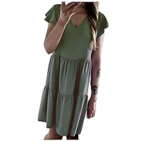 Women's Bohemian Round Neck Trendy Casual Summer Solid Color Short Sleeve Knee Length Flowy Swing Beach Dress