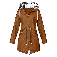 Womens Rain Jacket With Hood Lightweight Long Sleeve Windbreaker Zip Up Drawstring Raincoat With See Thru Rain