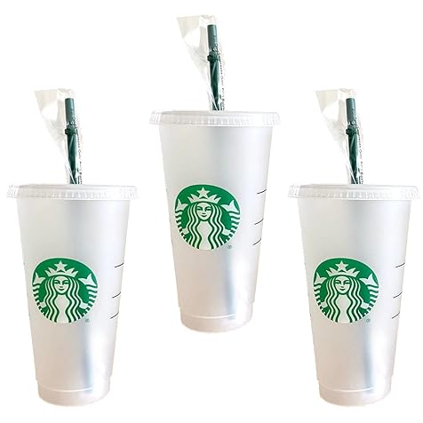 Starbucks Reusable 3 Hard Plastic Venti 24 oz Frosted Ice Cold Drink Cup With Lid and Green Straw w/Stopper