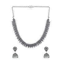 Antique Silver Oxidized Ethnic Indian Traditional Party Wear Statement Necklace Set with Jhumka Earrings Jewelry for Women