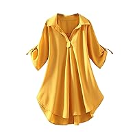 Womens V Neck Tunic Tops Loose Fitted Pleated Shirts 2024 Summer Casual Blouses Curved Hem Tunics for Leggings