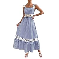 Sundresses for Women Striped Print Guipure Lace Insert Ruffle Hem Cami Dress, Long Camisole Dress (Color : Blue and White, Size : Medium)