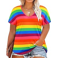 RITERA Plus Size Tops for Women Short Sleeve Rainbow Shirt Color Striped Tshirt Summer Stripe Tunic Casual Tee Blouses Rainbow Striped 5XL