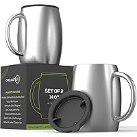CHILLOUT LIFE Stainless Steel Insulated Coffee Mugs Set of 2 (14oz) – Double Wall Coffee Cups with Spill Resistant Lid & Strong Handle, Shatterproof Cups for Cold Drinks and Hot Beverages
