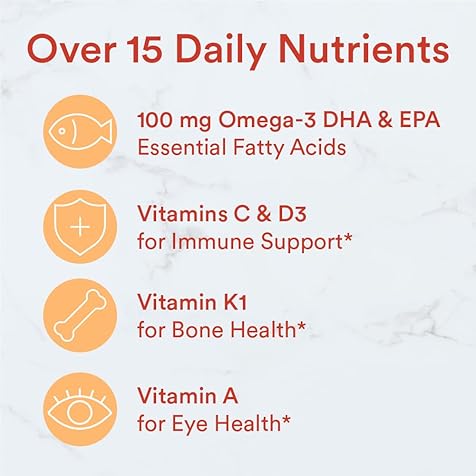 Kids Multivitamin Gummies: Omega 3 Fish Oil (EPA/DHA), Vitamin D3, C, Vitamin B12, B6, Vitamin A, K & Zinc for Immune Support, Gluten Free, Three Fruit Flavors, 120 Count (30 Day Supply)