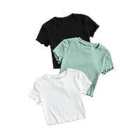 Romwe Girl's 3Pcs Rib-Knit Short Sleeve Lettuce Trim Crew Neck Crop Tee Top