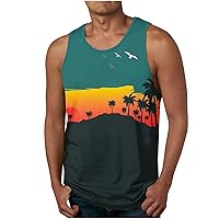 Mens Sleeveless Shirts Summer Casual Tanks Coconut Tree Sunset Print Tank Tops Sports Beach T-Shirt Hawaiian Tees