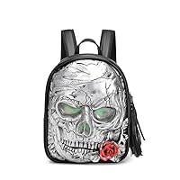 3D Skull Backpack ,3D Skull With Glowing Green Eyes, Skull With Rose Flower (Silver)