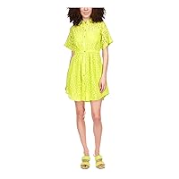 Michael Kors Womens Green Lace Elastic Waist Curved Hem Lined Short Sleeve Point Collar Short Party Shirt Dress M