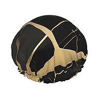 Black Marble Texture Gold Full-Print Fashionable Shower Cap, Water-Resistant Polyester Fabric For Hair Protection