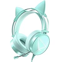Gaming Headset for PC, Xbox One Headset with Detachable Cat Ear Headphones, PS4 Headset with Noise Canceling Microphone, PS5 Headset with 7.1 Surround Sound, LED Lights for Girl Green