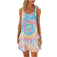 Women Floral Beach Mini Dress, 2024 Casual Short Tank Dresess Crewneck Sleeveless Beach Sundress Summer Pleated Tunic Dress