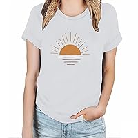 Short Sleeve Tops for Women Summer Oversized Tshirt Cute Sunrise Graphic Shirt Comfy Cotton Tee Casual Daily Crewneck Blouses