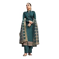 Teal Blue Heavy Handwork Indian Woman Embroiderd Silk Punjabi Stitched Wedding Pant Suit Hit Design 2322