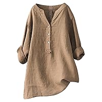 3/4 Sleeve Linen Tops for Women Henley Spring Plus Size 2024 Peplum Long Sleeve Solid Flowy Casual Dress Fringe Cute