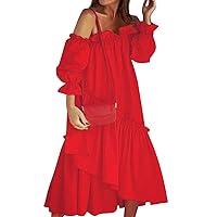 Summer Dresses for Women 2024 Loose Casual Solid Color Irregular Off Shoulder Long Sleeves Dress
