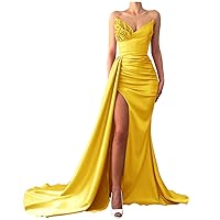 Prom Dresses 2023 Strapless Mermaid Sequin Beaded Satin Long Slit Evening Gowns for Women Bridesmaid Dresses