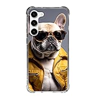 Cell Phone Case for Galaxy s21 s22 s23 Standard Plus + Ultra Models Funny French Bulldog Dog Protective Bumper in Hippie Sunglasses & Motorcycle Jacket Design Slim Cover Clear