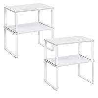 SONGMICS Cabinet Organizer Shelf, Set of 4 Kitchen Counter Shelves, Kitchen Storage, Spice Rack, Stackable, Expandable, Metal and Engineered Wood, Cloud White and Snow White UKCS027W01