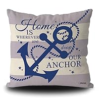 Nautical Navy Blue Anchor Rustic Pillow Case Home is Where We Drop Our Anthor Summer Seasonal Decor Throw Cushion Cover 18 X 18 Inch Linen Square Pillowcase for Sofa Couch Bedroom